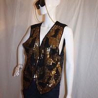 Vintage AJ Black/Gold Sequins Vest, XL - Thumbnail 2