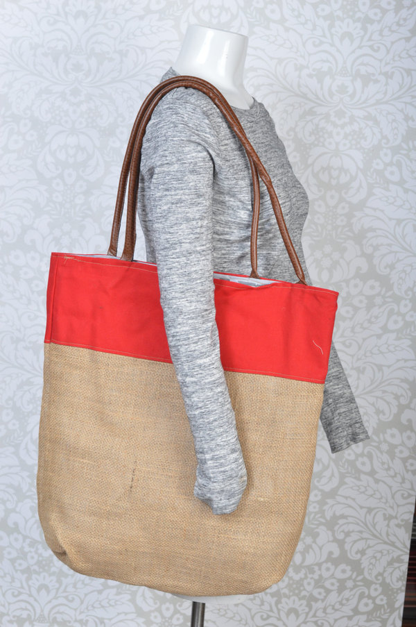 Large burplap tote with red accent