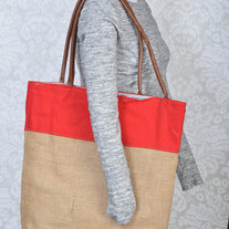 Large burplap tote with red accent