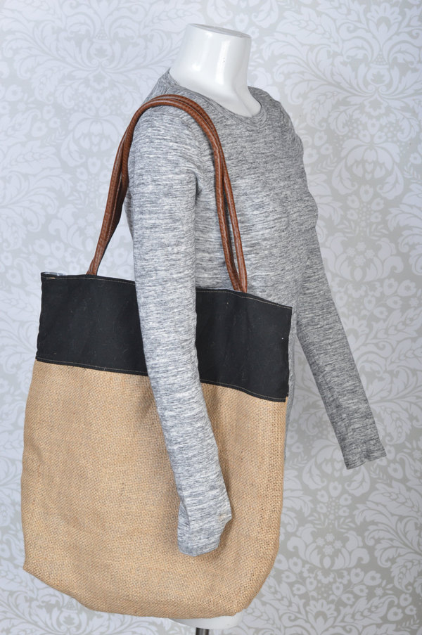 Large burplap tote with black accent
