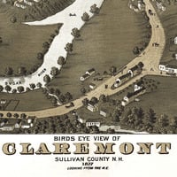 Claremont, NH in 1877 - Bird's Eye View Map, Aerial, Panorama, Vintage, Antique, Reproduction, Giclée, Framable, Fine Art - Thumbnail 1