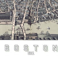 Boston, MA in 1899 - Bird's Eye View Map, Aerial, Panorama, Vintage, Antique, Reproduction, Giclée, Framable, Fine Art - Thumbnail 1