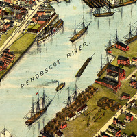 Bangor, Maine in 1875 - Bird's Eye View Map, Aerial, Panorama, Vintage, Antique, Reproduction, Giclée, Framable, Fine Art - Thumbnail 1