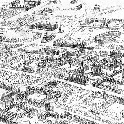 Key to oxford, england: the city and the university in 1850 - bird's eye, panorama, vintage, antique, reproduction, framable, fine art,