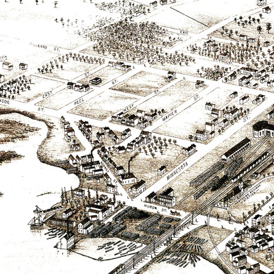 Collingwood, ontario, canada in 1875 - bird's eye view, aerial, panorama, vintage, antique, reproduction, giclée, framable, fine art, home, wall art