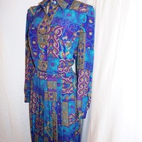 Vintage Lesley Fay Purple/Green Ruffle Dress, Size XL - Thumbnail 3