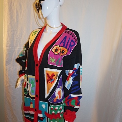 Vintage stamps cardigan, size  xl