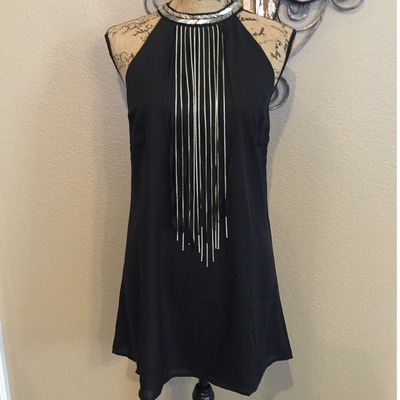 Black Shift Dress with Fringe and Beaded Collar