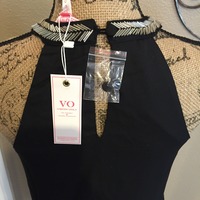 Black Shift Dress with Fringe and Beaded Collar - Thumbnail 3