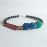 Leather Red Felt Balls Gold Metal Necklace, Felted Wool Navy Blue Green Unique Necklaces, Handcrafted Jewellery, NL0772 - Thumbnail 1