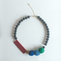 Leather Red Felt Balls Gold Metal Necklace, Felted Wool Navy Blue Green Unique Necklaces, Handcrafted Jewellery, NL0772 - Thumbnail 2