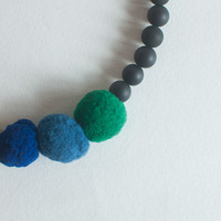 Leather Red Felt Balls Gold Metal Necklace, Felted Wool Navy Blue Green Unique Necklaces, Handcrafted Jewellery, NL0772 - Thumbnail 4