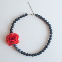 Orange Chunky Flower Lace Statement Necklace, Orange Floral Fabric Bib Vintage Necklace, Bridesmaid Peony Flowers Statement Necklace, NL0774 - Thumbnail 1