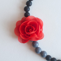 Orange Chunky Flower Lace Statement Necklace, Orange Floral Fabric Bib Vintage Necklace, Bridesmaid Peony Flowers Statement Necklace, NL0774 - Thumbnail 3