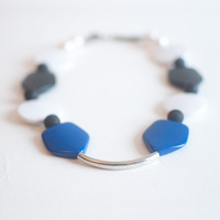 Flatted Pentagon Round Blue Black White Collar Necklace NL0639 - Thumbnail 1