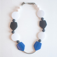 Flatted Pentagon Round Blue Black White Collar Necklace NL0639 - Thumbnail 2