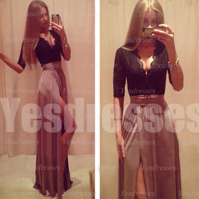 Popular prom dress, long prom dress, black prom dress, lace prom dress, half sleeve prom dress, v-neck prom dress, cheap prom dress, pd15066