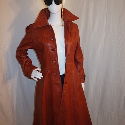 Vintage burnt orange leather long coat (missing a button), size s-m