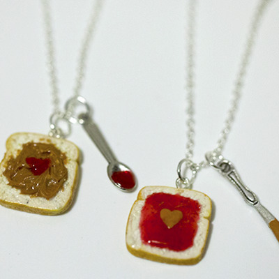 Kawaii cute miniature food necklaces - bff peanut butter jelly heart necklace set with knife and spoon best friend forever with silver plated chain