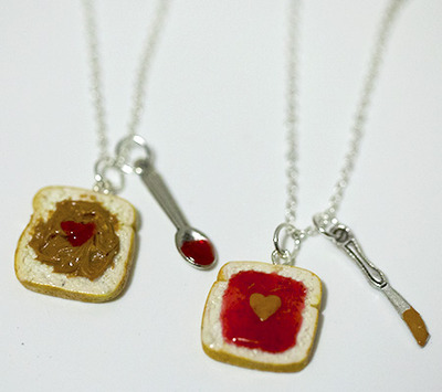 Kawaii Cute Miniature Food Necklaces - BFF Peanut Butter Jelly Heart Necklace Set with Knife and Spoon Best Friend Forever with Silver Plated Chain