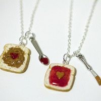 Kawaii Cute Miniature Food Necklaces - BFF Peanut Butter Jelly Heart Necklace Set with Knife and Spoon Best Friend Forever with Silver Plated Chain - Thumbnail 1