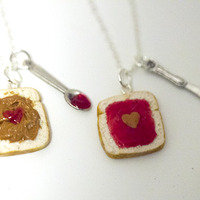 Kawaii Cute Miniature Food Necklaces - BFF Peanut Butter Jelly Heart Necklace Set with Knife and Spoon Best Friend Forever with Silver Plated Chain - Thumbnail 4
