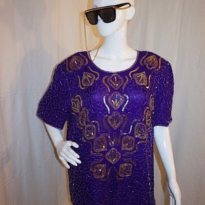 Vintage exotica purple/gold sequins top, size 1x