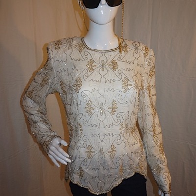 Vintage stenay white l/s sequins top, size m