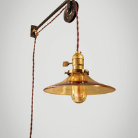 Vintage Industrial Pulley Lamp w/ Amber Glass Shade - Petit - Thumbnail 3