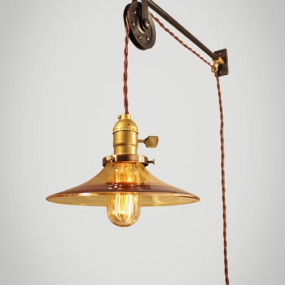 Vintage industrial pulley lamp w/ amber glass shade - petit