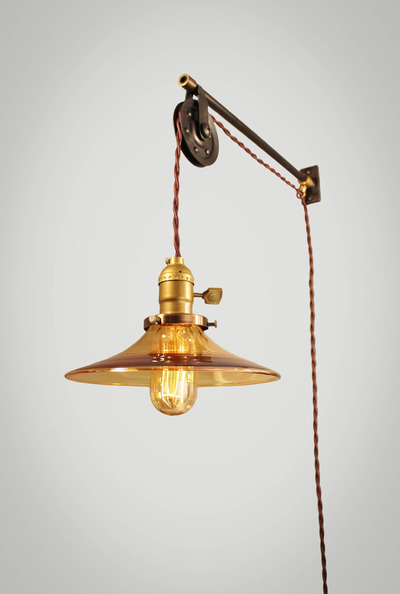 Vintage Industrial Pulley Lamp w/ Amber Glass Shade - Petit