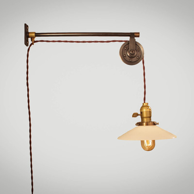 Vintage industrial pulley lamp w/ opal glass shade - petit