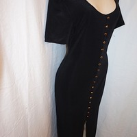 Vintage Dawn Joy Black/Gold Button Dress, Size M - Thumbnail 1