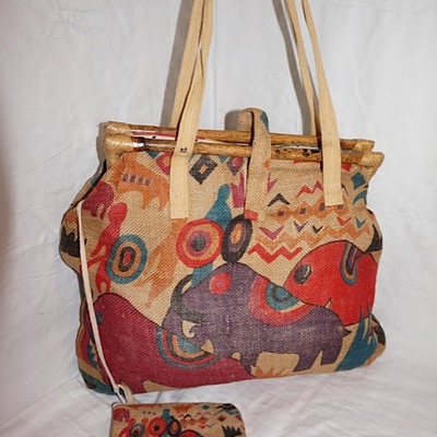 Vintage tan cloth elephant purse w/ wallet
