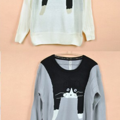 Cute cat knit round neck sweater 