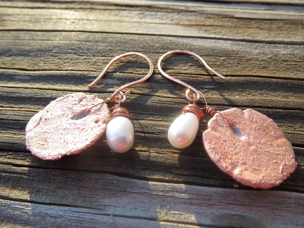 Copper electroformed sand dollar earrings with wire wrapped pearls