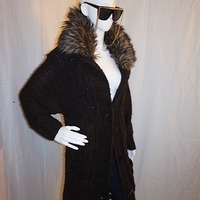Vintage Brown Wooly Long Jacket w/ Fur Collar, Size XL - Thumbnail 1