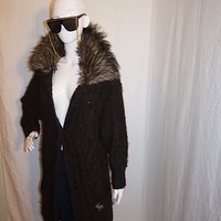 Vintage Brown Wooly Long Jacket w/ Fur Collar, Size XL - Thumbnail 2