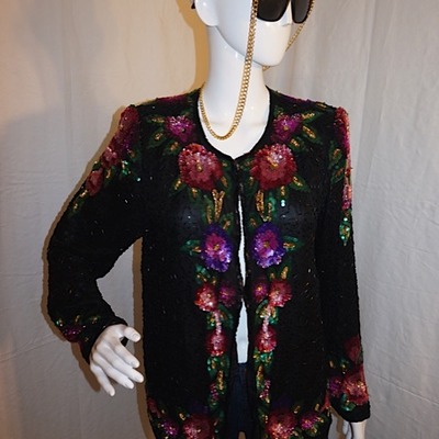 Vintage black/floral l/s sequins top, size xl