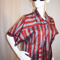 Vintage Primavera Gray/Red Stripe Top, Size L - Thumbnail 1