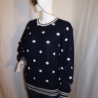 Vintage Alfred Dunner Navy Blue/White Polka Dot Sweater, Size M-L - Thumbnail 1