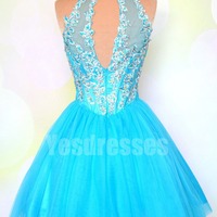 short prom dress, blue prom dress, lace prom dress, junior prom dress, discount prom dress, pretty prom dress, short homecoming dress, PD15144 - Thumbnail 2