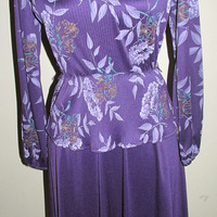 Vintage 80's Purple Floral Print Peplum Dress - Thumbnail 1