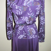 Vintage 80's Purple Floral Print Peplum Dress - Thumbnail 4