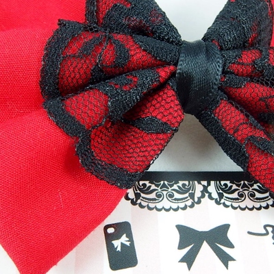 Red fabric hair bow with black lace centre overlay hair clip - Thumbnail 5