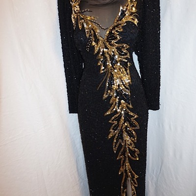 Vintage nite black/gold l/s sequins dress, size m-l