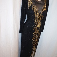 Vintage Nite Black/Gold L/S Sequins Dress, Size M-L - Thumbnail 1