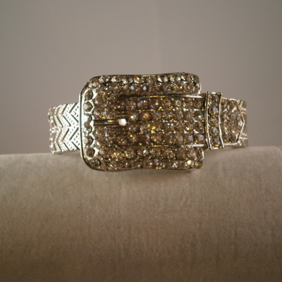Rhinestone studded buckle bracelet in silver plate hinged oval cuff free shipping