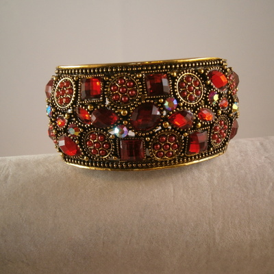 Ruby red crystal and rhinestone cuff bracelet antique gold free shipping