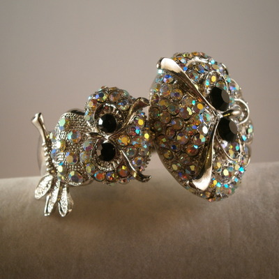 Rhinestone mom and baby owl bracelet in silver plate hinged cuff style free shipping
